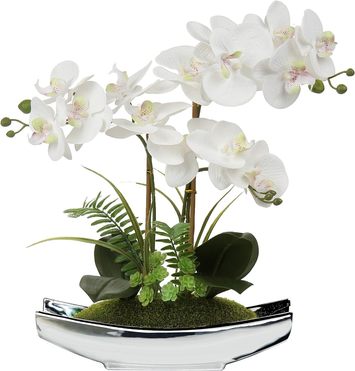 Artificial Flowers 15" White Phalaenopsis Orchid with Silver Pots Real Touch Faux Orchid Plant